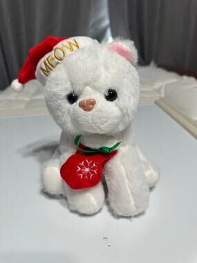 White Christmas Cat Plush MEOW Santa Hat Red Mitten Pre-Owned